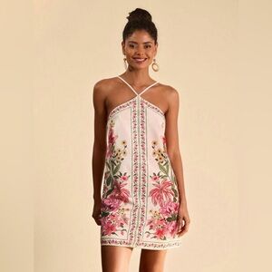 Floral Halter Mini Dress Open Back Tie Tropical Pink & Green Print NWT